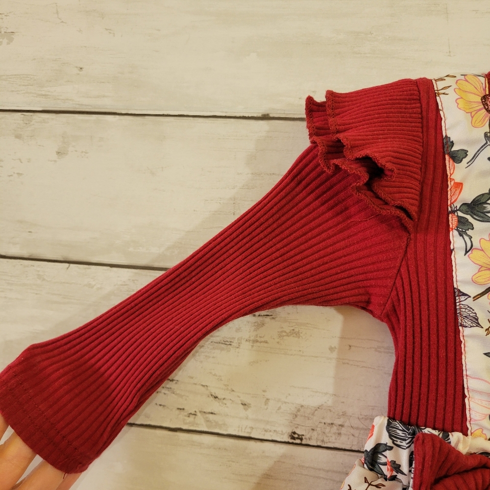 Red Floral Suspender One Piece Long Sleeve Dress for Kids Size 12-18 M - Picture 4 of 9